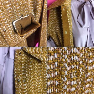 May include: A close-up of a yellow tweed jacket with a brown suede lining and a small pocket on the front. The jacket has a textured weave and a subtle pattern of white and brown threads.