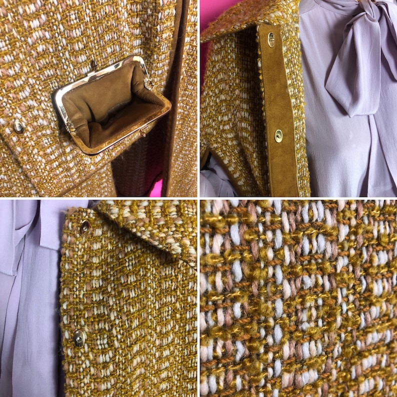 May include: A close-up of a yellow tweed jacket with a brown suede lining and a small pocket on the front. The jacket has a textured weave and a subtle pattern of white and brown threads.