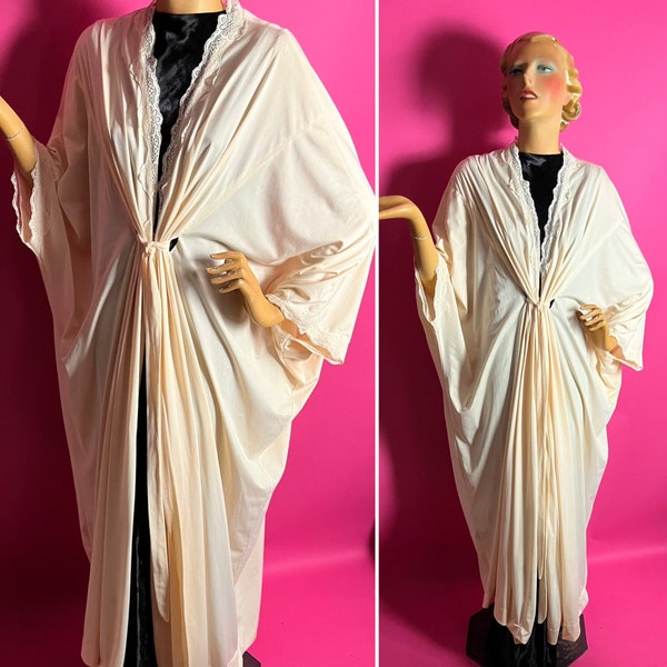 Rare 1970s Jennifer Hocking Edwardian Style Cocoon Robe, Cream Jersey with Lace Trim, Gathered Belted Front, Bat Wing Shape