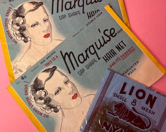 1930s Fine Light Brown Hairnets: 2 x Marquise Sterilised Human Hair, 1 x Lion Nylon, Size Small, Unworn, Original Packaging