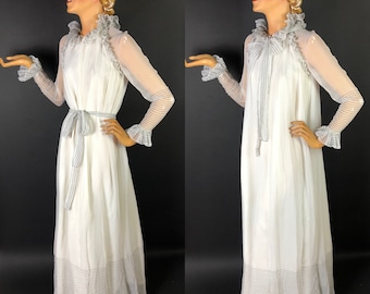 1970s Jean Varon Sheer Ruffle Gown, from the 1978 Romance Collection, Monochrome, Pierrot Collar and Cuffs, Original Belt, Full Length