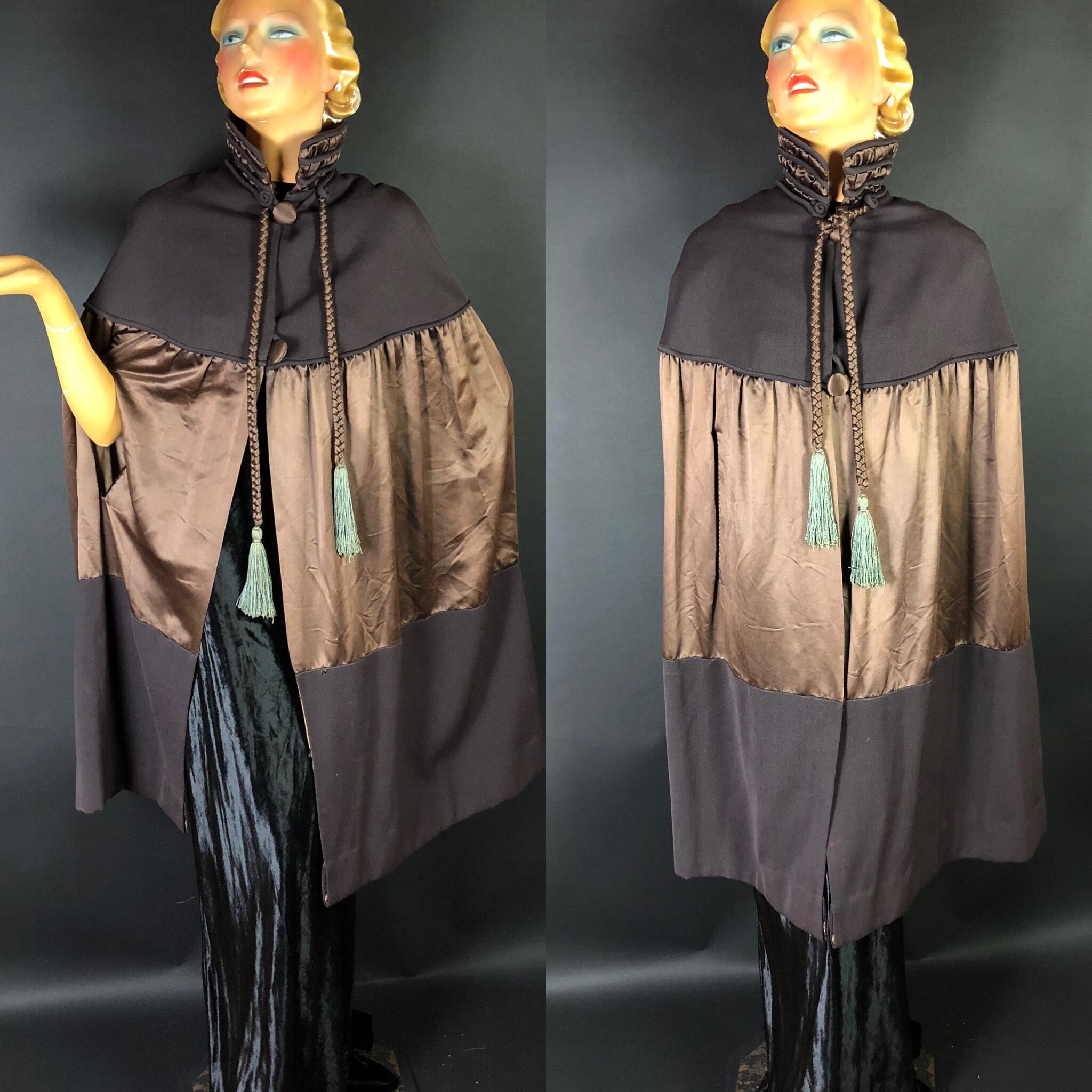 1800s Victoriaanse bruine keper en satijnen cape met groene 1800s Victoriaanse bruine keper en satijnen cape met groene