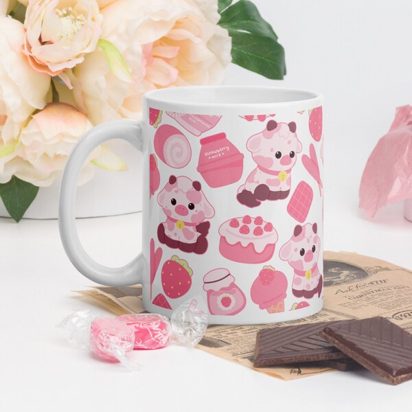 Strawberry Cow Coffee Mug, Pink Cow Lover Gift, Cute Cow Cup, Farming, Strawberry Milk, Farm Life, Kawaii Cow Aesthetic, Homestead, Farmer