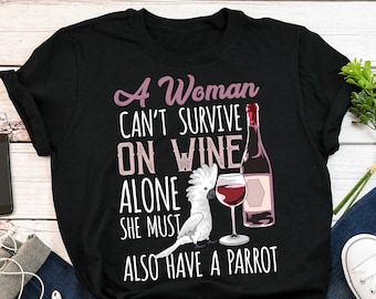 Funny Parrot Shirt, Women, Umbrella Cockatoo Gift, Red Wine Lover, Cute Bird T-shirt, Pet Tshirt, Gift For Her, Birthday, Parrot Mom, Blue