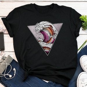 Lesbian Pride Shirt, Women, Lesbian Flag Pride Gift, LGBT T-shirt, Gay Pride Month Festival Tee, Tops, Sapphic, Subtle, Ocean Lover Wave