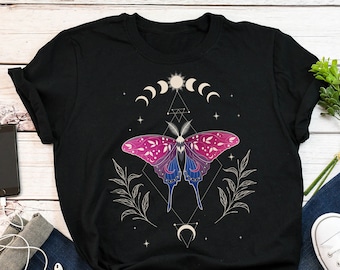Bisexual Pride Shirt, Women, Men, Bi Gift, LGBT T-shirt, Gay Pride Month Festival Tee, Bi Flag Luna Moth Moon Phase Cottagecore Cottage Core