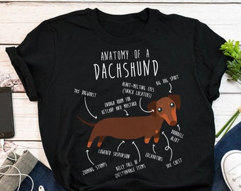 May include: Black t-shirt with a white graphic of a dachshund dog. The graphic includes text that says "Anatomy of a Dachshund" and labels different parts of the dog's body with humorous descriptions.