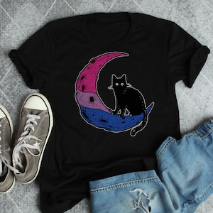 Bisexual Pride Shirt, Women Men, Bi Pride Gift, LGBT T-shirt, Gay Pride Graphic Tee, Bisexuality Tops, Clothing, Moon Space Cat, Bi Flag.