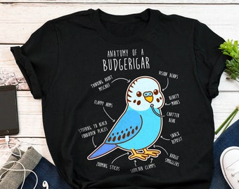 Budgie Shirt, Women, Men, Funny Parakeet Lover Gift, Cute Bird T-shirt, Budgerigar Tshirt, Pet Parrot Tee, Top, Blue Budgie, Bird Anatomy