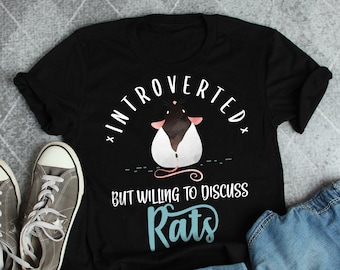 May include: Black t-shirt with a white rat illustration and the text "Introverted but willing to discuss Rats".