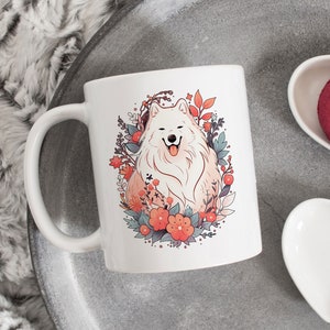 Samoyed Coffee Mug, Cute Samoyed Gift, Dog Lover, Gift for Her, Him, Samoyed Mom, Samoyed Dad, Beautiful Red Flowers Cup