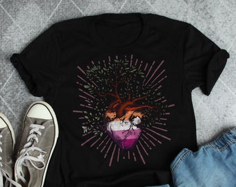 Lesbian Pride Shirt, Women, Lesbian Flag Pride Gift, LGBT T-shirt, Gay Pride Graphic Tee, Tops, Clothing, Heart Tree of Life, Sapphic