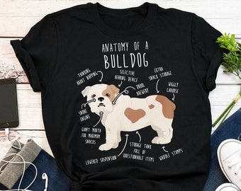 Puede incluir: Una camiseta negra con una ilustración de un bulldog blanco y el texto "Anatomy of a Bulldog". La ilustración muestra diferentes partes del cuerpo del bulldog etiquetadas con descripciones humorísticas, como "Thinking about napping", "Selective Hearing Device", "Drool Brewery", "Giant Mouth for Maximum Snacks", "Storage Tank Full of Questionable Items", "Lowered Suspension" y "Waddle Stumps".