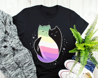 Genderfae Pride Shirt, Genderdoe Geschenk, LGBT T-shirt, Genderthil Flagge Tee, LGBTQ, Transgender, Genderflüssigkeit, Trans, Enby Yin Yang Katze, schwarz