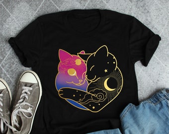 Bisexual Pride Shirt, Women Men, Bi Pride Flag Gift, LGBT T-shirt, Gay Pride Graphic Tee, Bisexuality Tops, Clothing, Moon Heart Cat, Subtle
