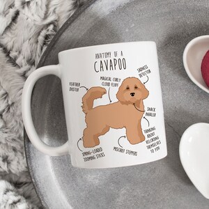 May include: White ceramic mug featuring a brown cartoon dog illustration and text that reads "Anatomy of a Cavapoo". The dog has several arrows pointing to different parts of its body with labels such as "Magical Curly Cloud Fluff", "Spring-Loaded Zooming Sticks", "Mischief Steppers", "Snack Inhaler", "Thinking About Velcroing Themselves to You", "Sadness Detector", and "Feather Duster".