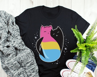 Pansexual Pride Shirt, Women Men, Pan Pride Flag Gift, LGBT T-shirt, Gay Pride Month Festival Tee, Clothing, Yin Yang Black Cat, Subtle