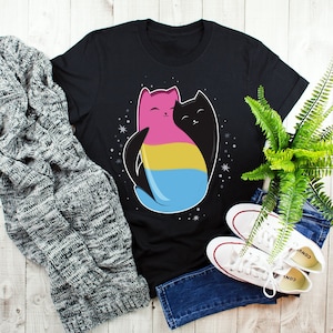 Pansexual Pride Shirt, Women Men, Pan Pride Flag Gift, LGBT T-shirt, Gay Pride Month Festival Tee, Clothing, Yin Yang Black Cat, Subtle