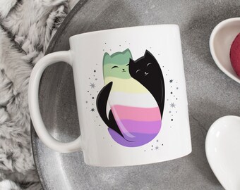 Genderfae Pride Kaffeebecher, Genderdoe Flagge Geschenk, LGBT Becher Geschenk, Gay Pride, LGBTQIA, Nonbinary, Transgender Yin Yang Katze, schwarze Katze, Subtil
