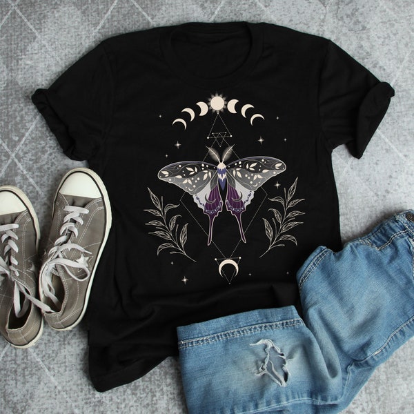 Asexual Pride Shirt, Women Men, Ace Flag Gift, LGBT T-shirt, Gay Pride Month Festival Tee Subtle Demisexual Luna Moth Moon Phase Cottagecore