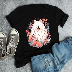 Samoyed Shirt, Women, Men, Dog Lover Gift, Cute Samoyed T-shirt, Pet Tee, Samoyed Mom, Samoyed Dad, Beautiful Red Flowers Top