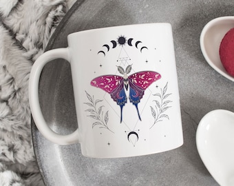 Bisexual Pride Coffee Mug, Bi Flag Gift, LGBT Mug, Gay Pride Month Festival, Subtle Discreet, Luna Moth Moon Phase Cottagecore Cottage Core