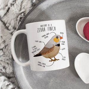 May include: White ceramic mug with a humorous illustration of a zebra finch labeled with anatomical features. The text reads "Anatomy of a Zebra Finch" and includes labels like "Flappy Arms", "Thinking About Keeping", "Steering to Beach Forbidden Places", "Spring-Loaded Landing Gear", "Vision Beans", "Blush", "Beeper", and "Seed Deposit".