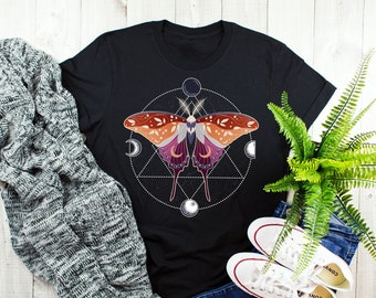 Lesbian Pride Shirt, Women, Lesbian Flag Gift, LGBT T-shirt, Gay Pride Month Festival, Sapphic, Subtle, Luna Moth Moon Phase Cottagecore