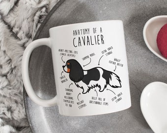 Cavalier King Charles Spaniel Coffee Mug, Cute Tri-Color Cav Gift, Dog Lover, Funny Gift for Her, Him, Pet Animal, Dog Mom, Dog Dad, Anatomy