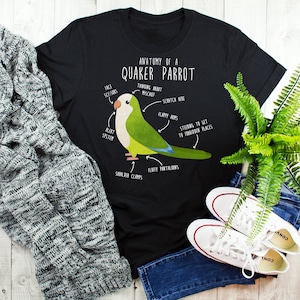 Grünes Quäker-T-Shirt, Frauen Männer, lustiges Papageien-Liebhaber-Geschenk, niedliches Vogel-T-Shirt, Mönch-Papagei-T-Shirt, Haustier-Grafik-T-Stück, Oberseiten, Anatomie, Birb Mom Dad