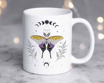 Nonbinary Pride Coffee Mug, Non-Binary Flag Pride Gift, LGBT, Gay Pride, Transgender, Trans, Luna Moth Moon Phase Cottagecore Cottage Core