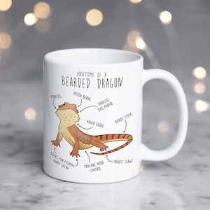 Op de afbeelding: Een witte keramische mok met een cartoonillustratie van een baardagame en de tekst "Anatomie van een baardagame". De illustratie toont verschillende delen van de draak met humoristische namen zoals "Vision Beans", "Endless Bug Portal" en "Pancake Mode Control".