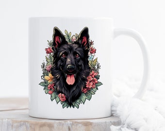 Schwarzer Schäferhund Kaffeebecher, Süßer Schäferhund Liebhaber Geschenk, Hund Mama Hunde Papa, Haustier Geschenk für Sie, Ihn, Doggo, Blumen Schöne Kawaii