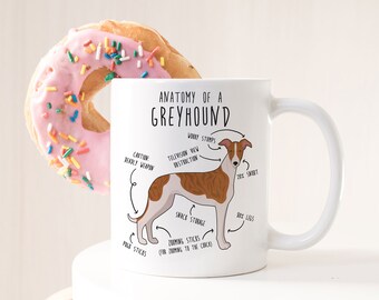 Könnte beinhalten: Eine weiße Keramiktasse mit einer braunen und weißen Illustration eines Windhundes. Die Illustration ist mit humorvollen anatomischen Begriffen beschriftet, wie z. B. "Sorgebänder", "Fernsehsichtbehinderung", "Snack-Lagerung", "Zoomies-Sticks (zum Zoomen auf die Couch)", "20% Schnauze" und "Po weniger".