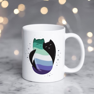 Gay Man Pride Coffee Mug, Gay Men Flag Gift, LGBT Mug, Gay Pride Month Festival, Blue Gay Male Flag, Subtle, Discreet, Yin Yang Cat, Black