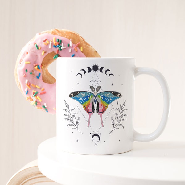 Queer Pride Coffee Mug, Queer Flag Gift, LGBT Mug, Gay Pride Month, Bisexual Genderqueer Transgender Trans Luna Moth Moon Phase Cottagecore