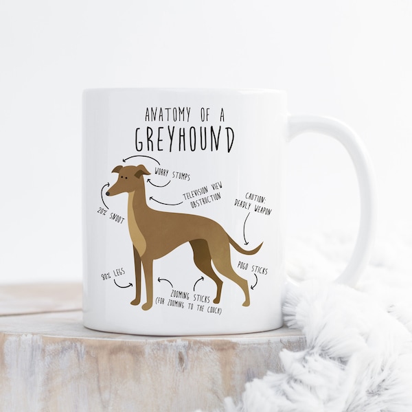 Greyhound Coffee Mug, Cute Fawn Greyhound Gift, Dog Lover, Funny Dog Gift for Her, Him, Pet Animal Cup, Dog Mom, Dog Dad, Dog Anatomy