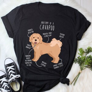 May include: A black t-shirt featuring a humorous illustration of a Cavapoo dog. The illustration is labelled with different features of the dog, such as "magical curly cloud fluff" and "spring-loaded zooming sticks".