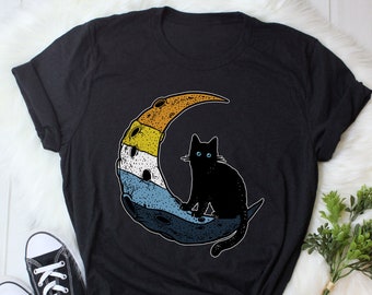 Aroace Pride Shirt, Sonnenuntergang Flagge, Frauen, Männer, Aro Ace Pride Geschenk, LGBT T-Shirt, Gay Pride Festival T-Shirt, Aromantic Top Asexual, Space Cat Moon