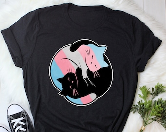 Transgender Pride Shirt, Trans Pride Gift, LGBT T-shirt, Gay Pride Month Festival Tee, LGBTQ Tops, Yin Yang Cat, Trans Flag, Subtle Discreet