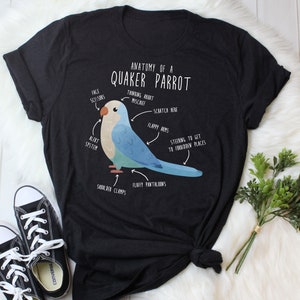 Blaues Quäker-T-Shirt, Frauen Männer, lustiges Papageien-Liebhaber-Geschenk, niedliches Vogel-T-Shirt, Mönch-Papagei-T-Shirt, Haustier-Grafik-T-Stück, Oberseiten, Anatomie, Birb Mom Dad