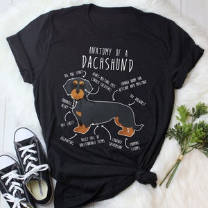Puede incluir: Una camiseta negra con un gráfico blanco de un perro dachshund. El gráfico incluye texto que dice "Anatomía de un dachshund" y etiqueta diferentes partes del cuerpo del perro.