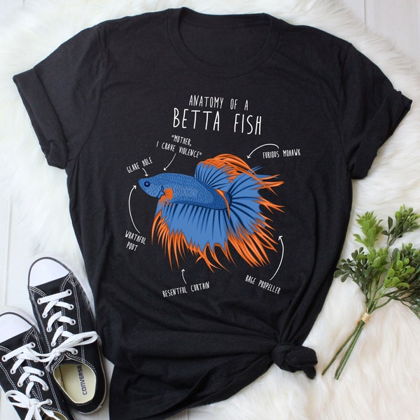 Betta Fish Shirt, Women, Men, Funny Betta Lover Gift, Cute Pet Siamese Fighting Fish T-shirt, Tropical Aquarium Tank Tshirt, Anatomy