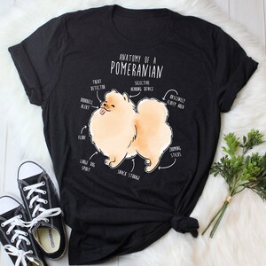 K&ouml;nnte beinhalten: Ein schwarzes T-Shirt mit einer wei&szlig;en Illustration eines Zwergspitz-Hundes. Die Illustration ist mit humorvollen anatomischen Merkmalen beschriftet, wie z. B. "Leckerli-Detektor", "T&uuml;rklingel-Alarm", "Obsz&ouml;n flauschiger Bereich" und "Snack-Lagerung". Der Text "Anatomie eines Zwergspitzes" befindet sich oben auf der Illustration.