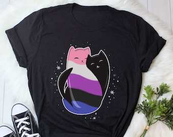 Maglietta Genderfluid Pride, regalo per l'orgoglio non binario, maglietta LGBT, maglietta con bandiera Gender Fluid, LGBTQ, transgender trans sottile, gatto Yin Yang, nero