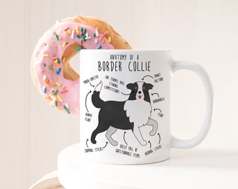 May include: White ceramic mug featuring a black and white illustration of a Border Collie dog. The illustration is labelled with humorous anatomical features, such as "Smart Factory" and "Belly Full of Questionable Items".
