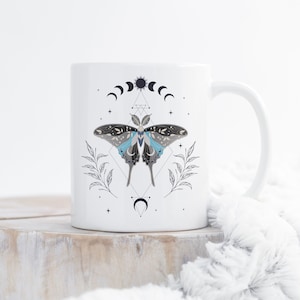 Demiboy Pride Coffee Mug, Demiboy Pride Flag Gift, LGBT Gift, Nonbinary, Transgender Trans Demiguy Luna Moth Moon Phase Cottagecore Occult