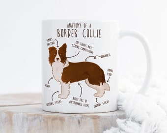 May include: White ceramic mug featuring a brown and white border collie illustration. The mug has the text "Anatomy of a Border Collie" and humorous descriptions of the dog's body parts, such as "Smart Factory", "Belly Full of Questionable Items", and "Floof".