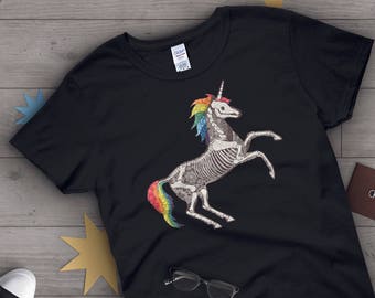 Unicorn Skeleton Shirt, Women Men, Unicorn Lover Gift, Cool Unicorn T-shirt, Unicorn Tshirt, Graphic Tee, Tops, Horse, Blue, Pink, Rainbow