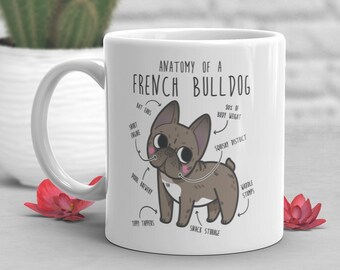 Caneca de café Bulldog Francês, Presente fofo para amantes de Bulldog Francês, Presente divertido para ela, para ele, para animais de estimação, para donas de cachorro, para pais de cachorro, marrom tigrado, anatomia